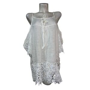 New Angela Mara Womens XL White Linen Cold Shoulder Crochet Lace Boho Top Italy